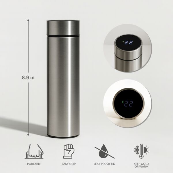 16oz Vacuum Flask Metallic with Temperature Display (Silver) Thumbnail